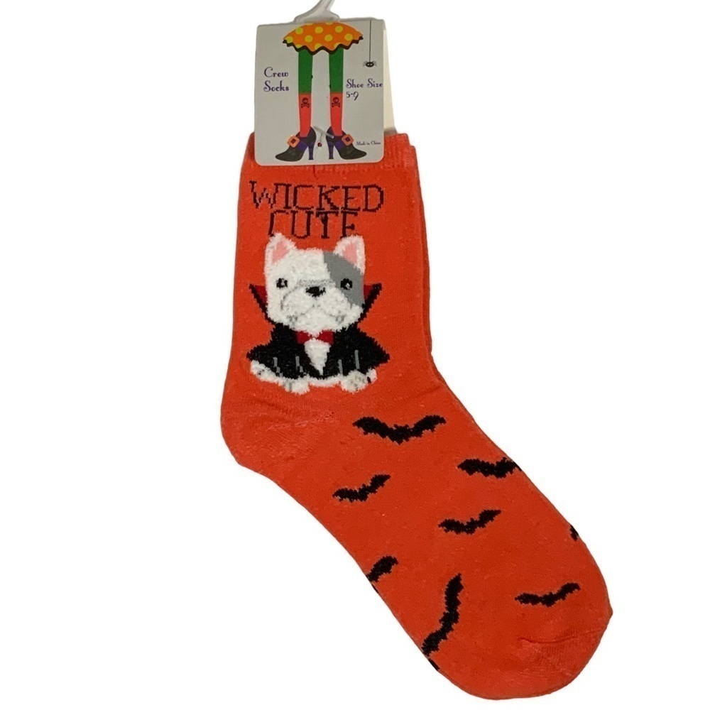 Halloween Dog Theme Women’s Socks Wicked Cute Dog with Bat Print Shoe SZ 9-11